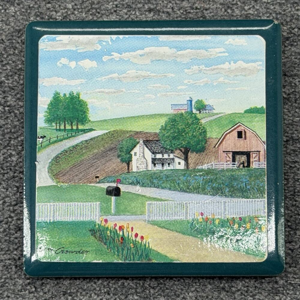 Vintage Wm Crowder Ceramic Art Tile Fridge Magnet Americana Farmhouse Scene